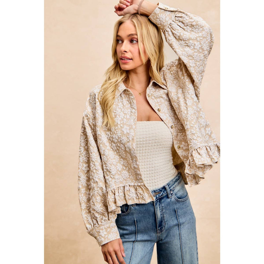 TEXTURED FLORAL PATTERN RUFFLED HEM TOP