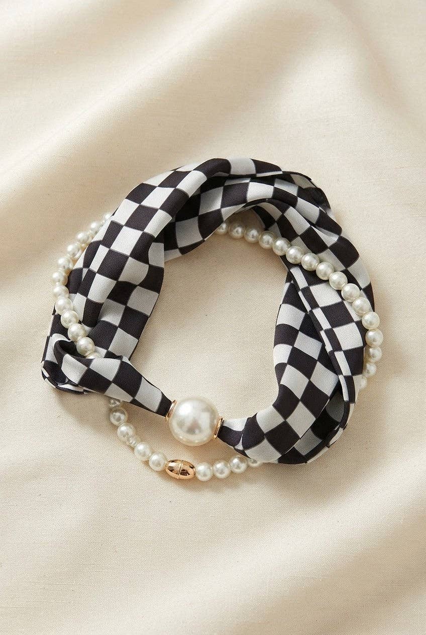 Checker Print Pearl Silk Scarf Necklace