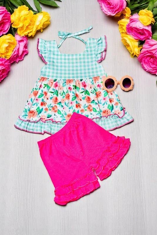 Floral & checker print aqua ruffle set