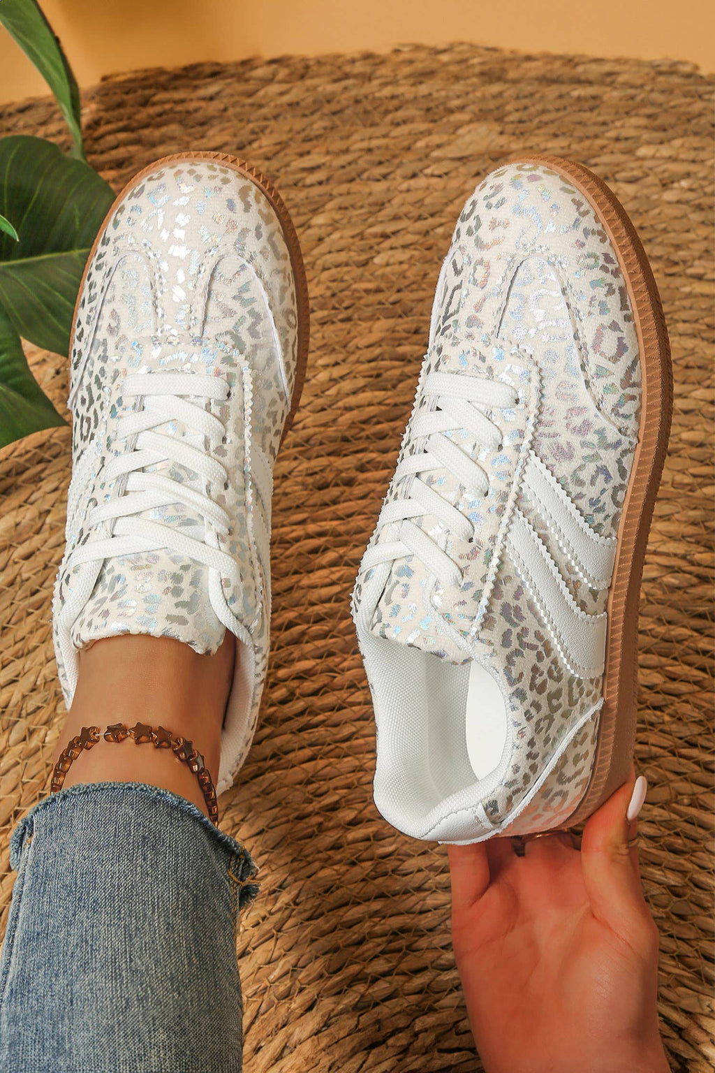 Leather Detail Shimmer Leopard Printed Sneakers