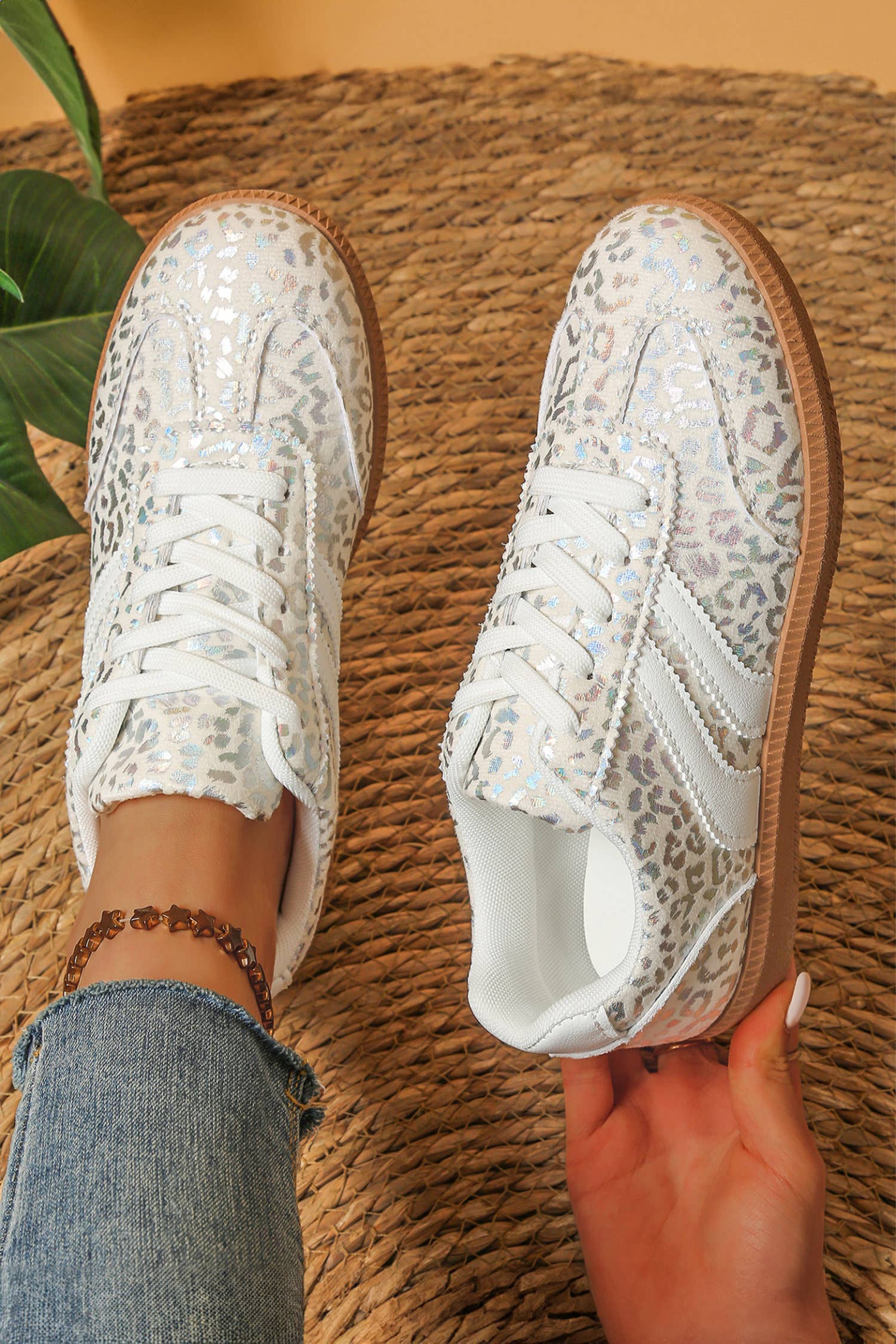 Leather Detail Shimmer Leopard Printed Sneakers