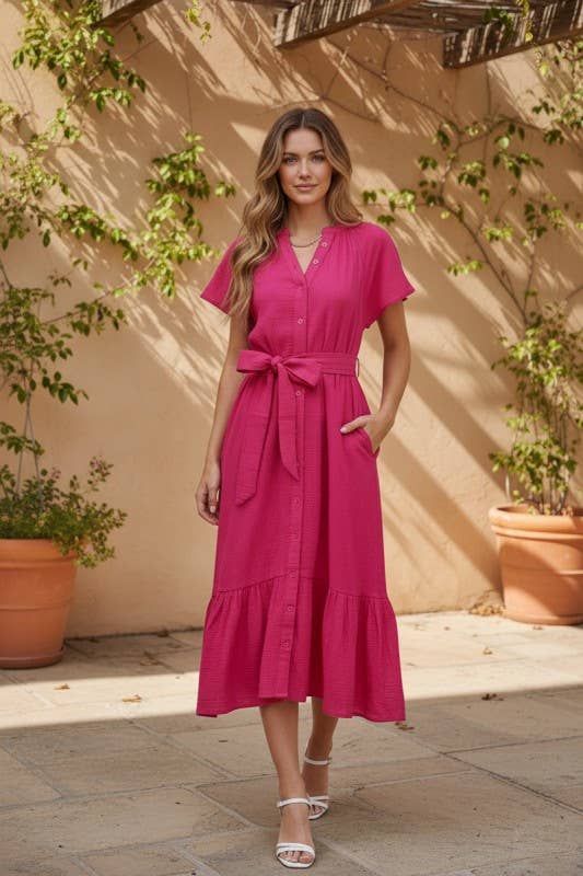 Fuchsia Midi Front Button Dress