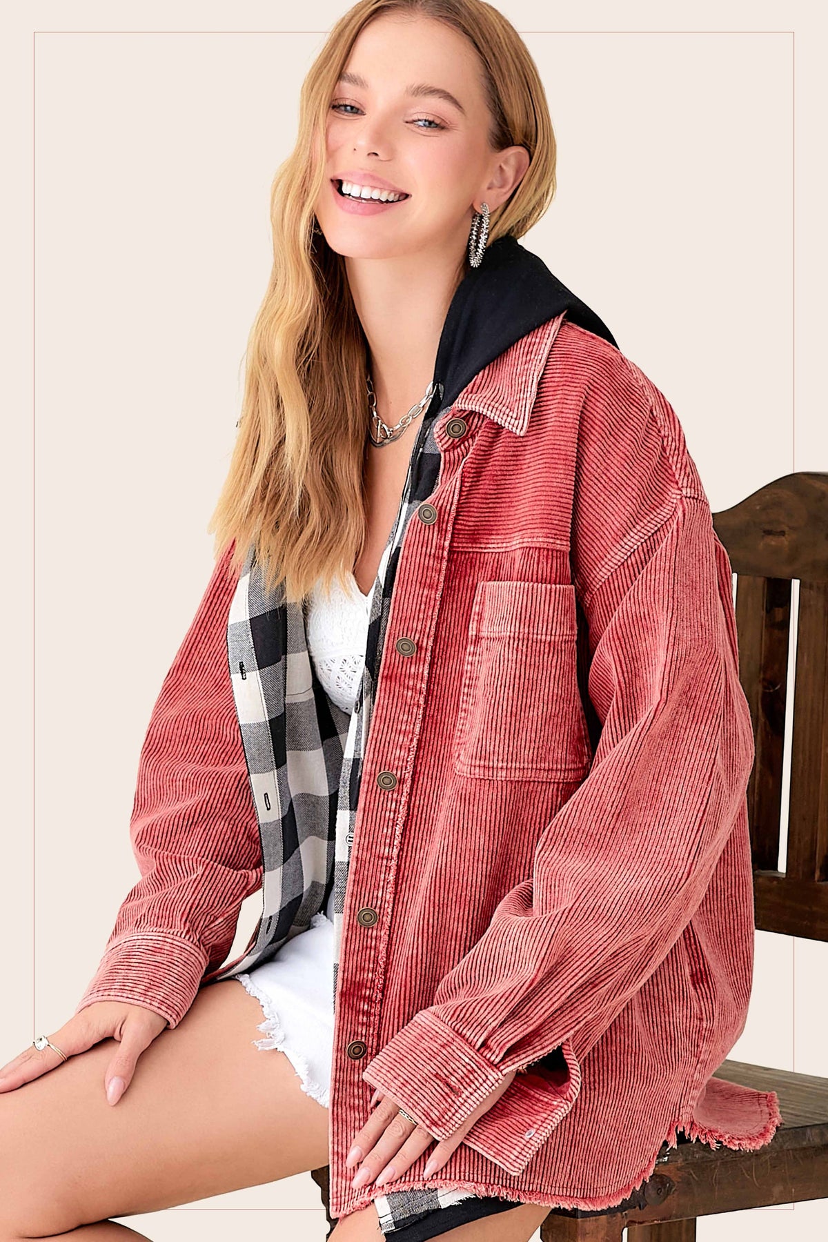Oversized Washed Fabric Corduroy Button Down Jacket