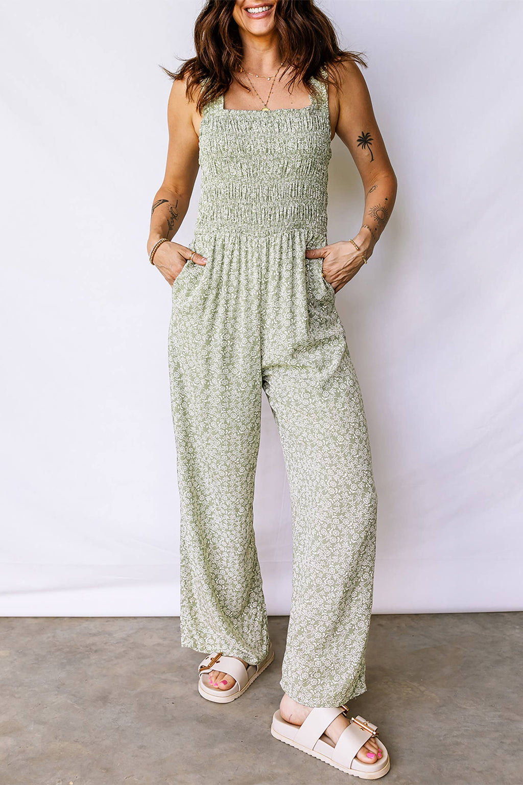 Floral Smocked Square Neck Jumpsuit