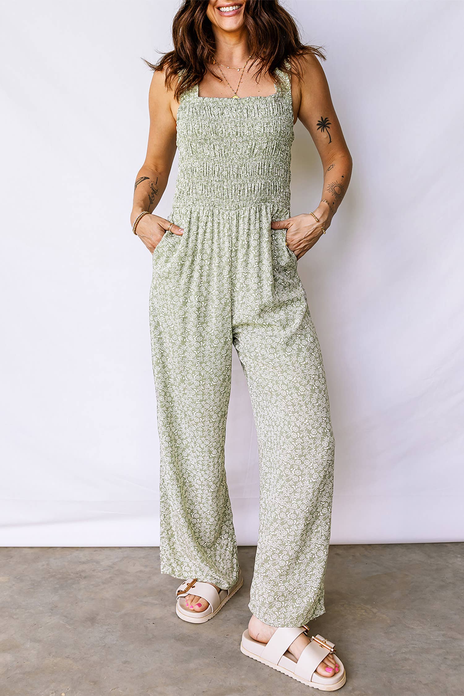 Floral Smocked Square Neck Jumpsuit