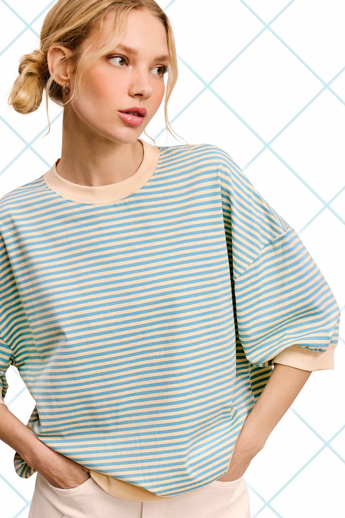 Loose Fit Striped Crew Mock Neck Top