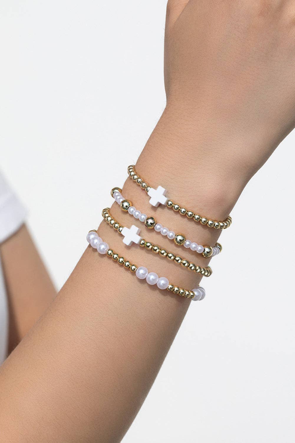 White Cross Pearl Decor Beaded Elastic Multi Layered Bracelet