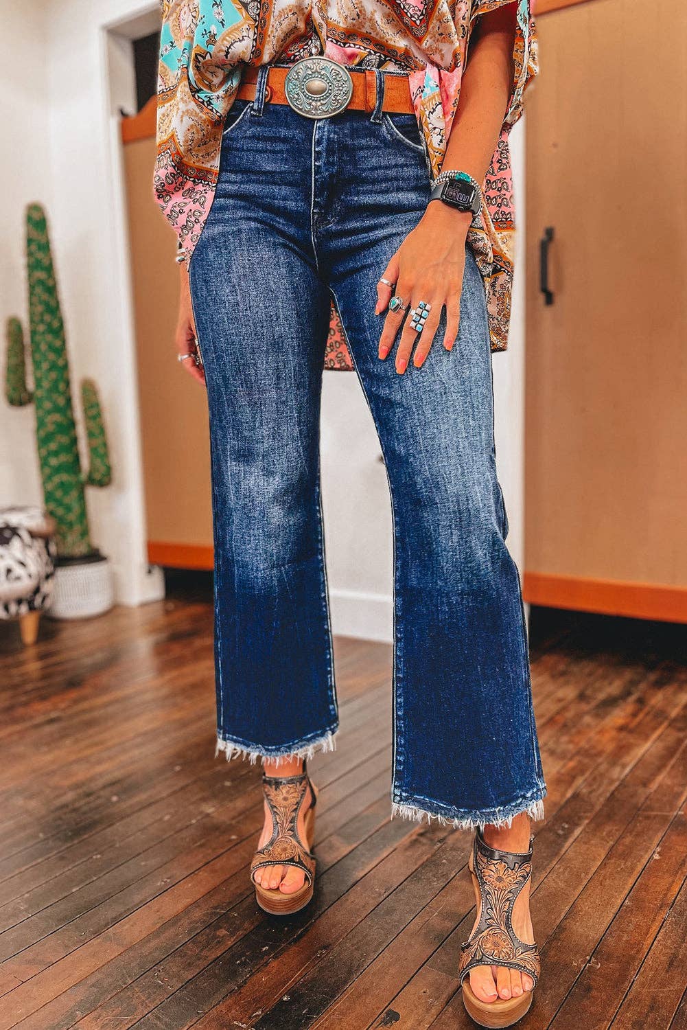 Sail Blue Mineral Wash Raw Hem High Waist Jeans