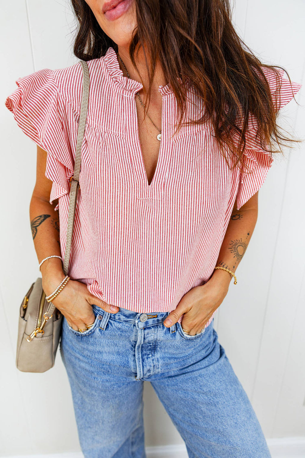 Stripe Frilly V Neck Ruffled Blouse