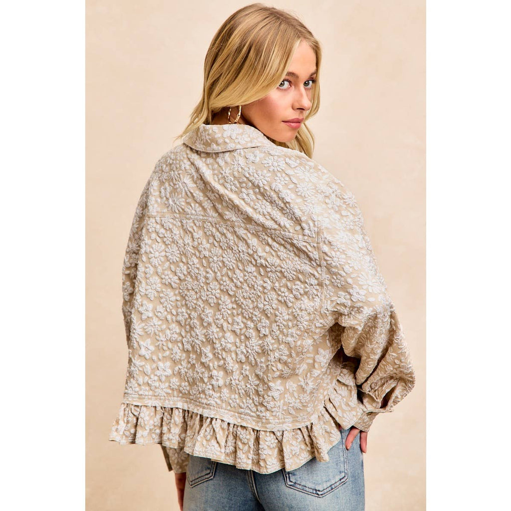 TEXTURED FLORAL PATTERN RUFFLED HEM TOP