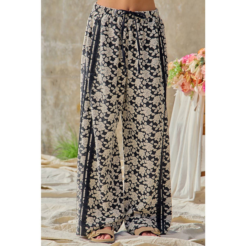Floral Jacquard Side Trim Wide Pants