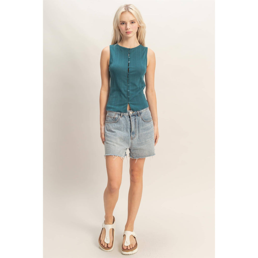 Sleeveless Pointelle Button Top
