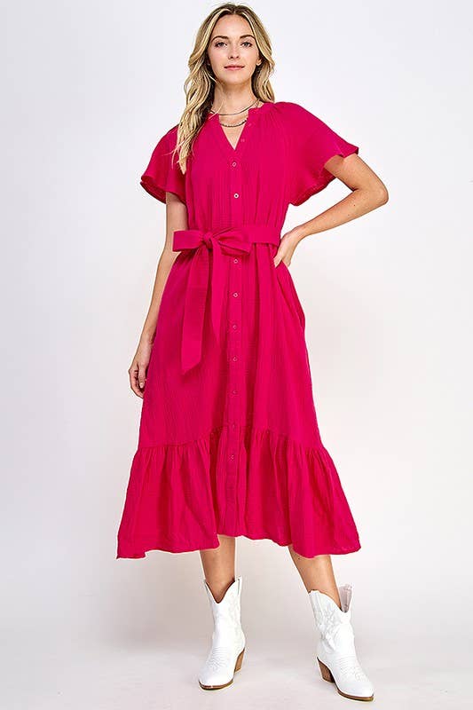 Fuchsia Midi Front Button Dress