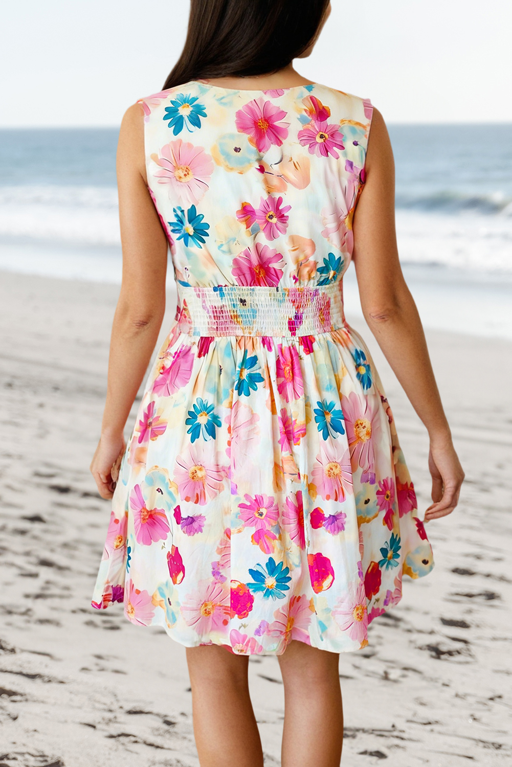 Floral Print Zip Up Smocked Waist Mini Dress