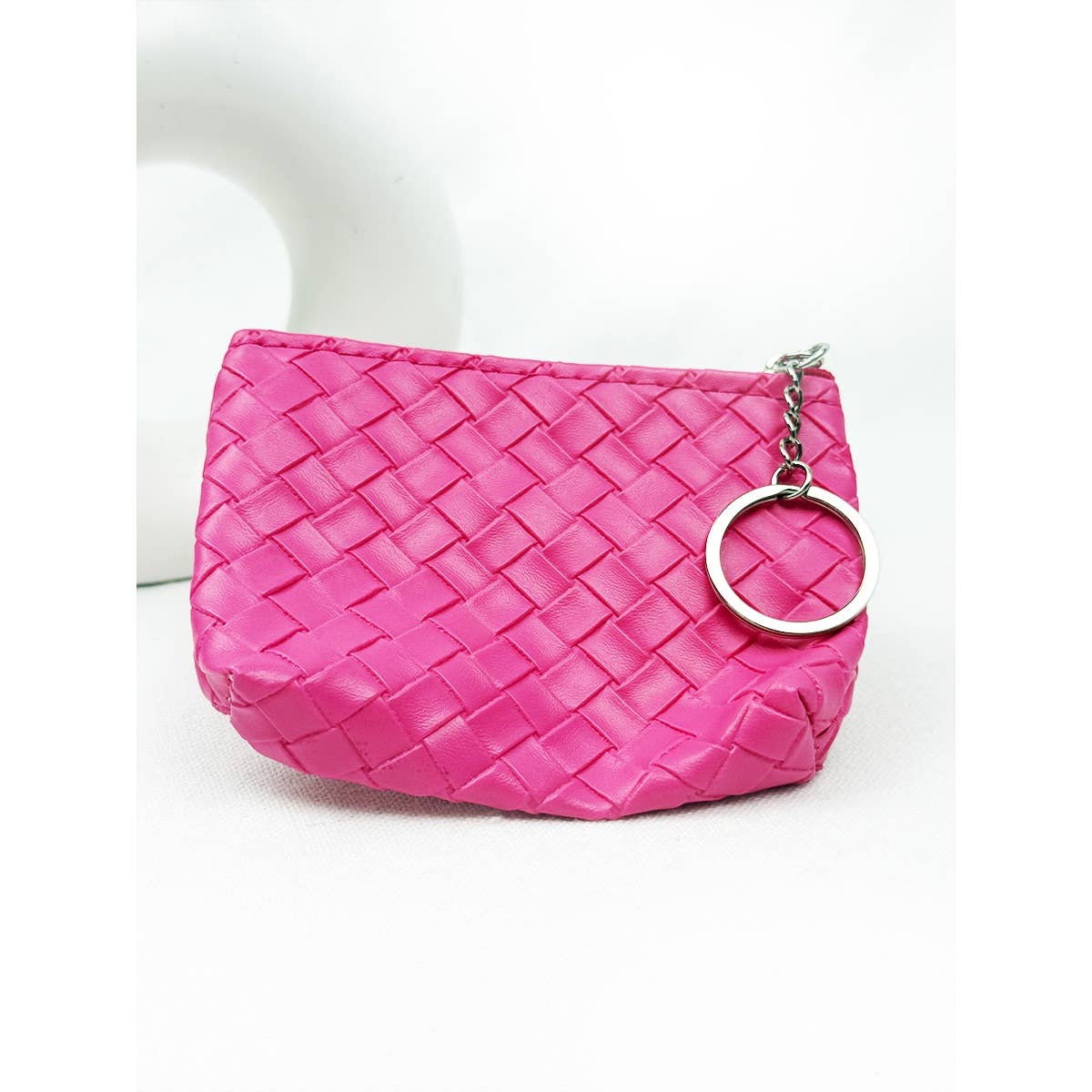Weave Pattern Detail Coin Purse with Key Ring
