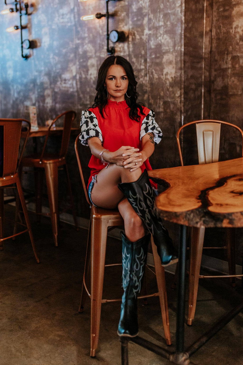 Red Bubble Sleeve Blouse