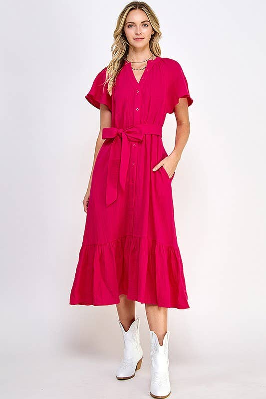Fuchsia Midi Front Button Dress