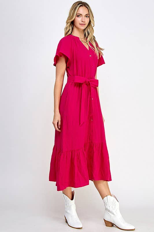 Fuchsia Midi Front Button Dress