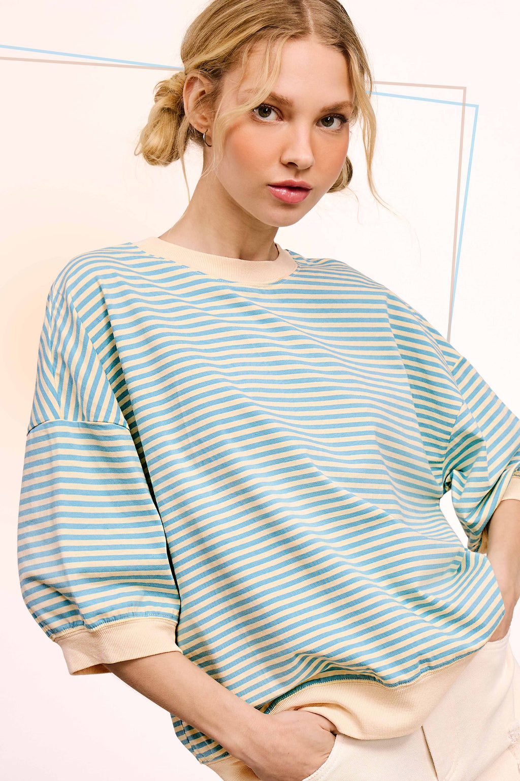 Loose Fit Striped Crew Mock Neck Top