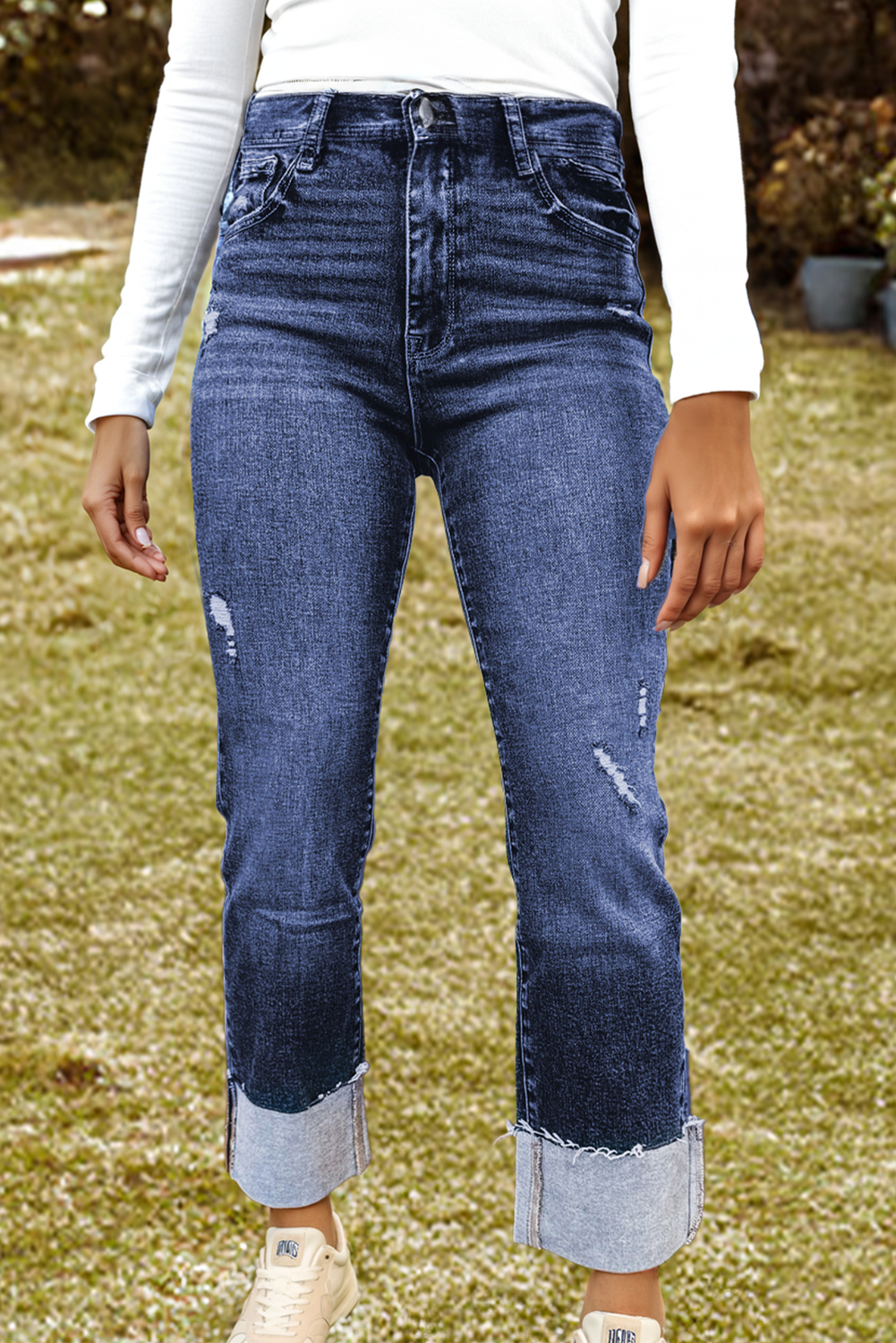 Folded Cuffs Distressed Straight Jeans