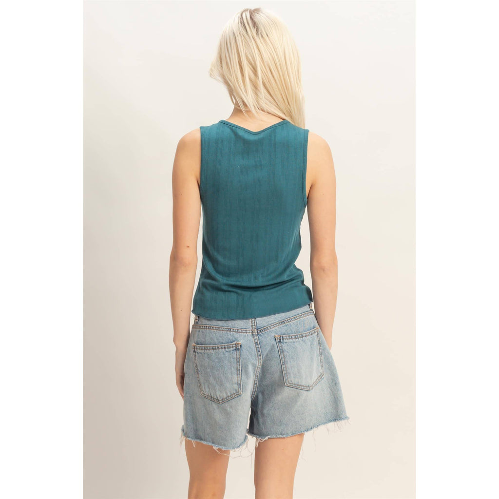 Sleeveless Pointelle Button Top