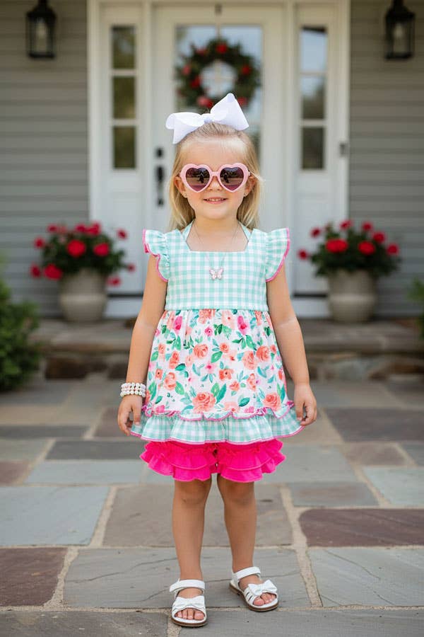 Floral & checker print aqua ruffle set