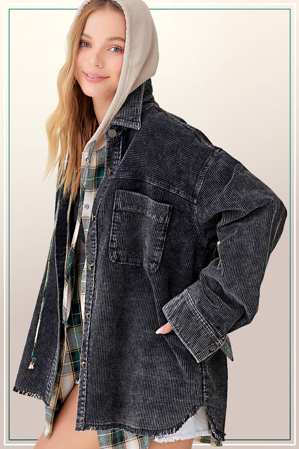 Oversized Washed Fabric Corduroy Button Down Jacket