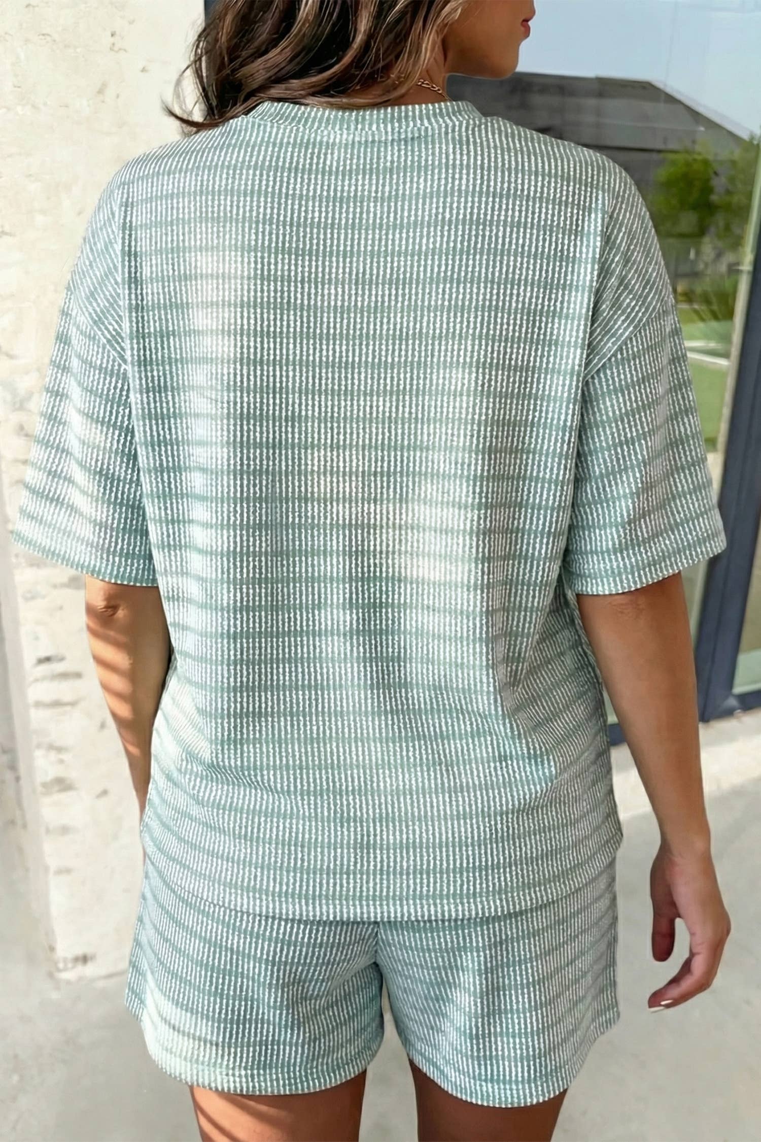 Stripe Ribbed Loose Tee Drawstring Shorts Set