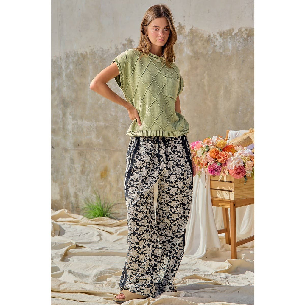 Floral Jacquard Side Trim Wide Pants