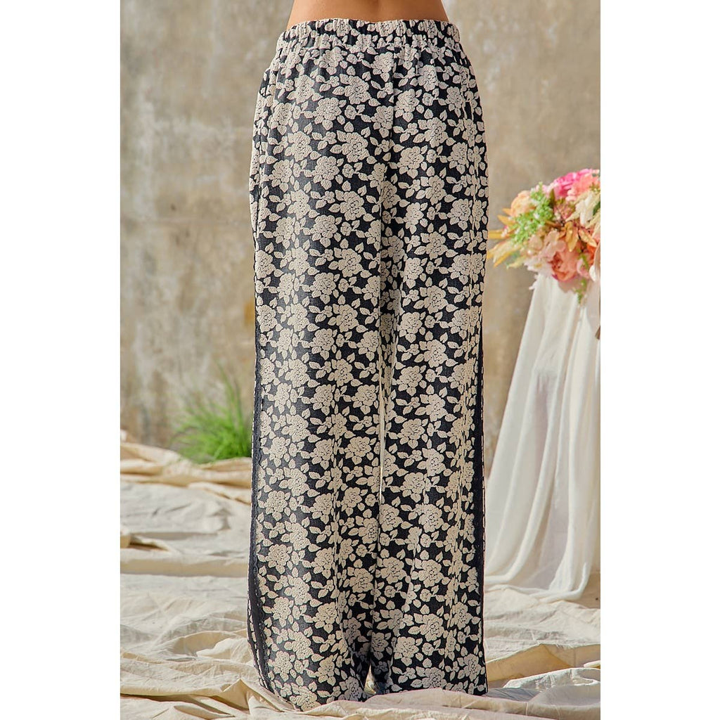 Floral Jacquard Side Trim Wide Pants