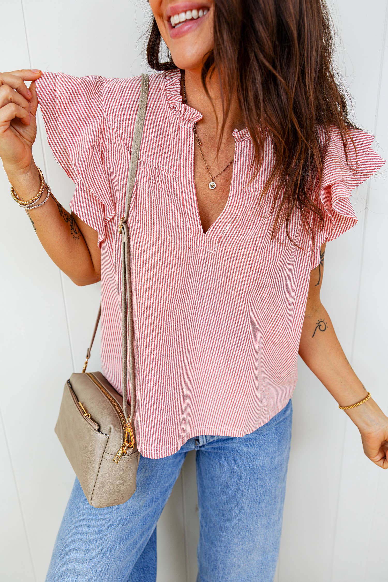 Stripe Frilly V Neck Ruffled Blouse