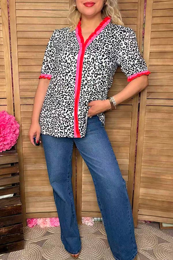Leopard printed ruffle sleeve blouse