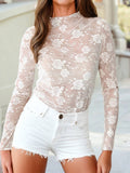 Mock Neck Floral Lace Mesh Long Sleeve Top
