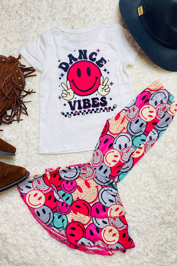 Smiley face printed top & double ruffle pant set